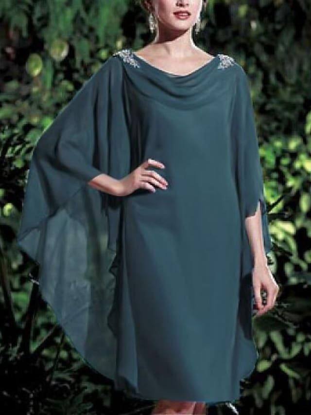 Sheath / Column Mother of the Bride Dress Elegant Bateau Neck Knee Length Chiffon 3/4 Length Sleeve with Pearls - RongMoon