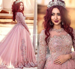 Pink Muslim Evening Dresses Ball Gown Long Sleeves Tulle Lace Beaded Islamic Dubai Saudi Arabic Long Formal Evening Gown - RongMoon