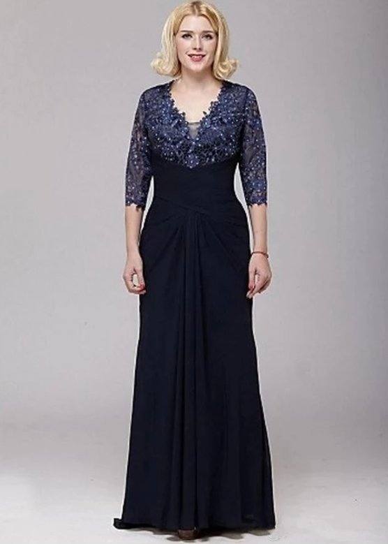 Navy Blue Mother Of The Bride Dresses A-line V-neck 3/4 Sleeves Chiffon Lace Beaded Groom Long Mother Dresses For Wedding - RongMoon