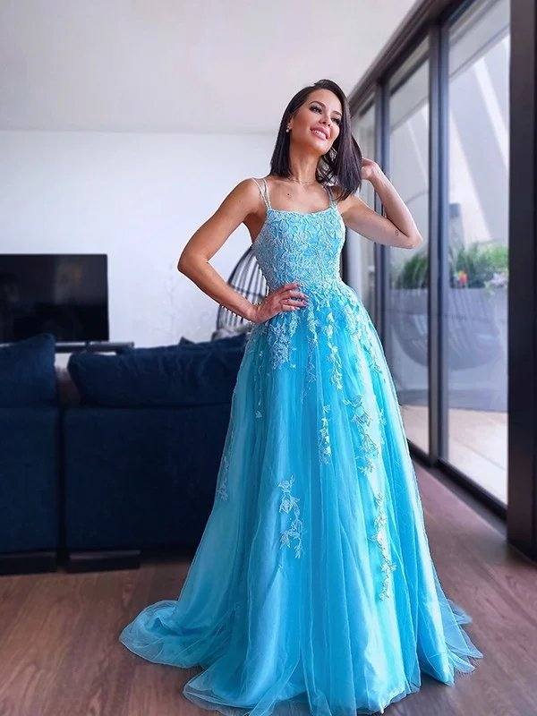 A-Line/Princess Spaghetti Straps Tulle Sleeveless Applique Sweep/Brush Train Dresses - RongMoon