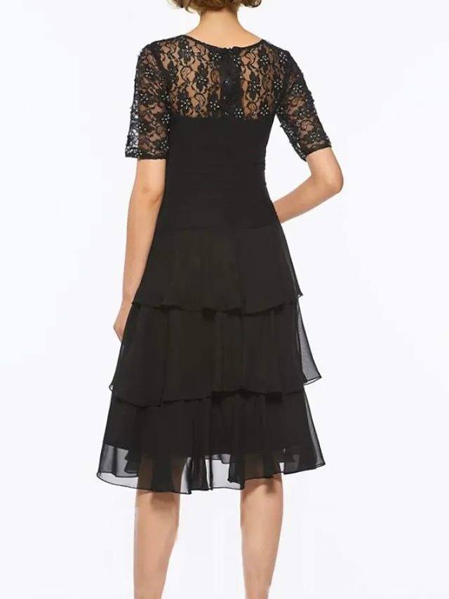 A-Line Mother of the Bride Dress Elegant Jewel Neck Knee Length Chiffon Lace Short Sleeve with Embroidery Cascading Ruffles - RongMoon