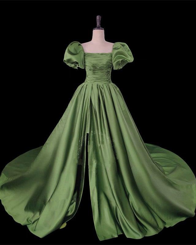 Sage Green Ball Gown Prom Dresses Puffy Sleeve Leg Split - RongMoon