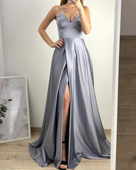 Sage Green Prom Dresses Satin Long Split V-neck - RongMoon