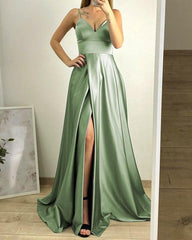 Sage Green Prom Dresses Satin Long Split V-neck - RongMoon