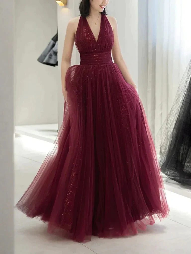 V Neck Backless Burgundy Tulle Long Prom Dress