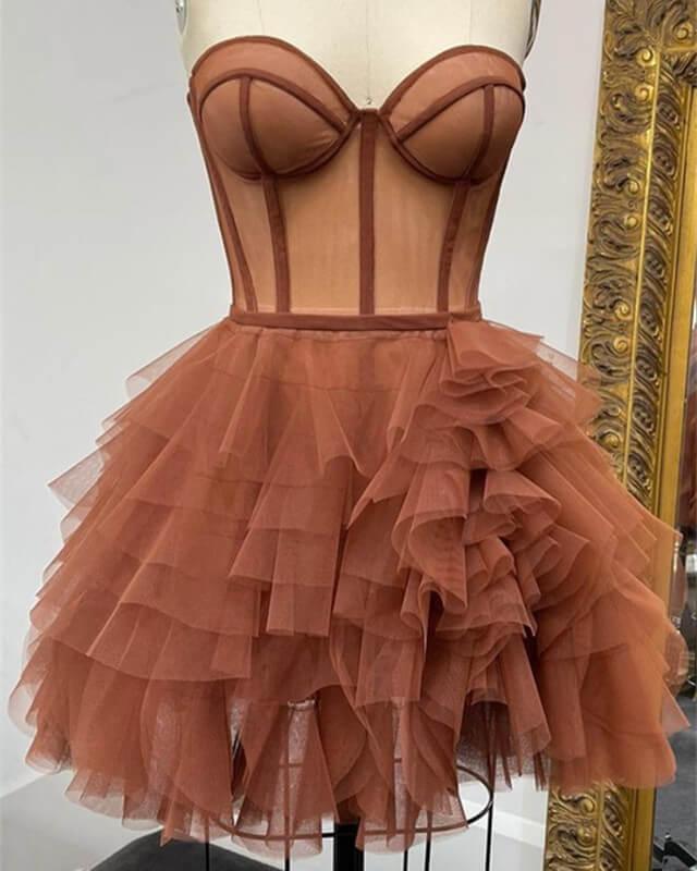 Short Brown Tulle Ruffles Corset Dresses - RongMoon