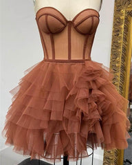 Short Brown Tulle Ruffles Corset Dresses - RongMoon