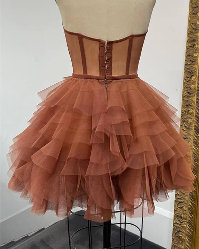 Short Brown Tulle Ruffles Corset Dresses - RongMoon