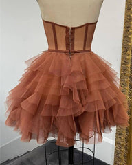 Short Brown Tulle Ruffles Corset Dresses - RongMoon