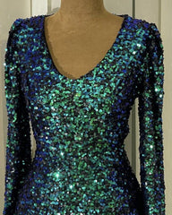 Short Green Sequin Prom Dress Long Sleeve V-neck