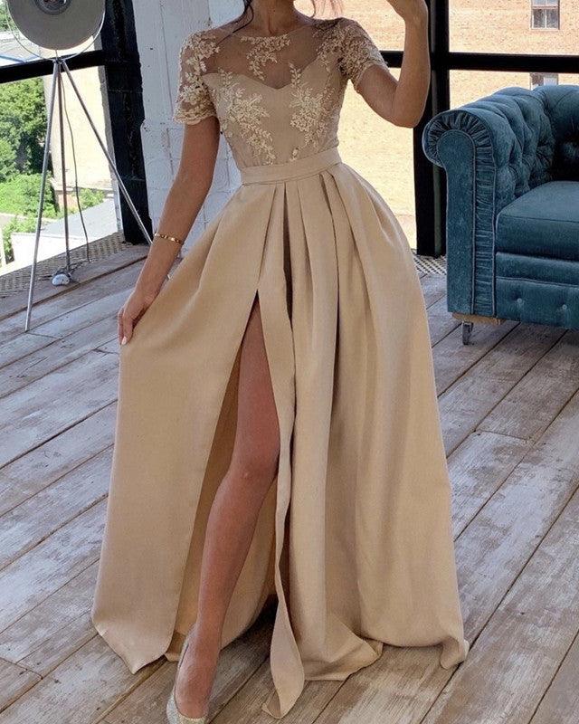 Champagne Bridesmaid Dresses Short Sleeves Split - RongMoon