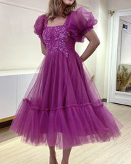 Short Sleeves Tulle Dresses Tea Length Lace Appliques