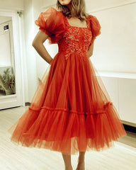 Short Sleeves Tulle Dresses Tea Length Lace Appliques