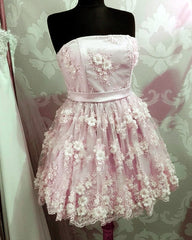 Short Strapless Homecoming Dresses With 3D Lace Flowers