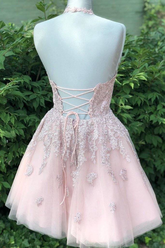 Pink tulle lace short prom dress, pink tulle lace homecoming dress - RongMoon