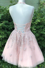 Pink tulle lace short prom dress, pink tulle lace homecoming dress - RongMoon