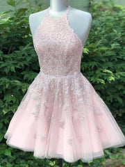 Pink tulle lace short prom dress, pink tulle lace homecoming dress - RongMoon