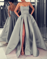 Strapless Bodice Corset Long Satin Leg Split Evening Dresses