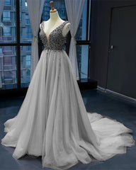 Luxurious Pearl Beaded V Neck Tulle Prom Dresses Long - RongMoon