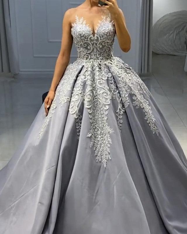 Silver Wedding Dress Satin Ball Gown Lace Embroidery - RongMoon