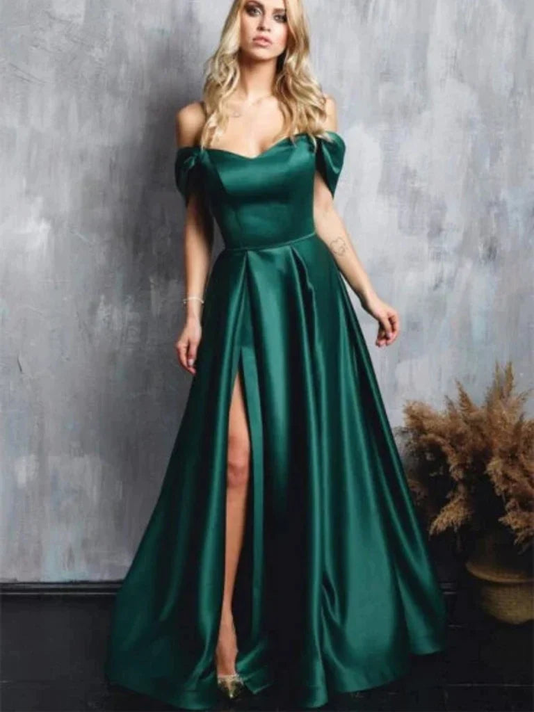Off The Shoulder Twist Neck Dark Green Formal Dresses with Split