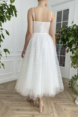 Simple sweetheart neck tulle Ivory Prom Dresses, Tea Length Ivory Evening Dresses - RongMoon