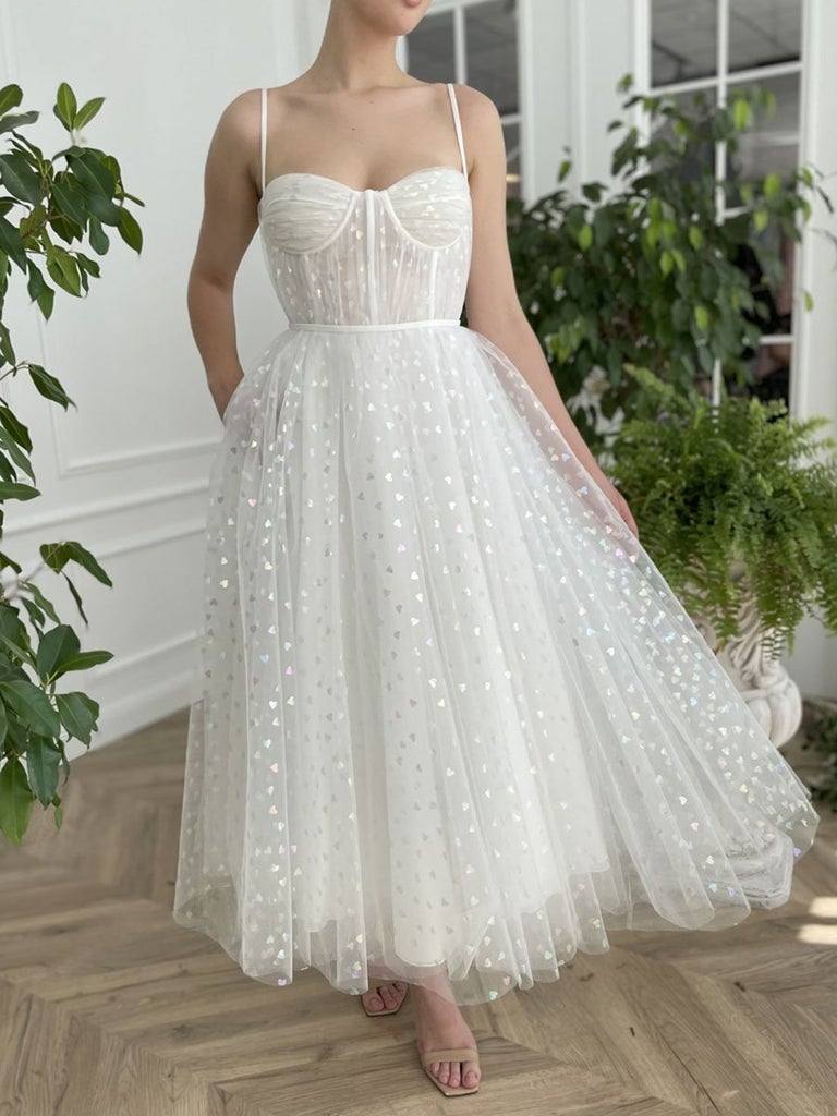 Simple sweetheart neck tulle Ivory Prom Dresses, Tea Length Ivory Evening Dresses - RongMoon
