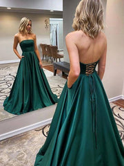 Simple green satin long prom dress, green A line evening dress - RongMoon