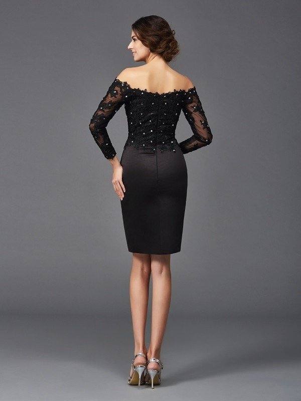 Sheath/Column Off-the-Shoulder Lace Long Sleeves Short Satin Mother of the Bride Dresses - RongMoon