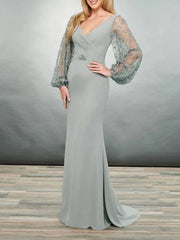 Sheath / Column Mother of the Bride Dress Elegant V Neck Floor Length Polyester Long Sleeve with Appliques Ruching - RongMoon