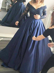 Ball Gown Off-the-Shoulder Long Sleeves Beading Satin Sweep/Brush Train Dresses - RongMoon