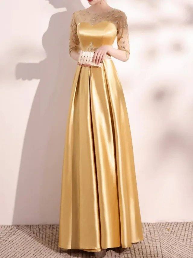 A-Line Elegant Homecoming Formal Evening Dress Jewel Neck Half Sleeve Floor Length Satin with Appliques - RongMoon