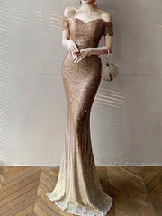 Mermaid / Trumpet Color Block Sparkle Wedding Guest Formal Evening Dress Off Shoulder Short Sleeve Floor Length Sequined with Sequin - RongMoon