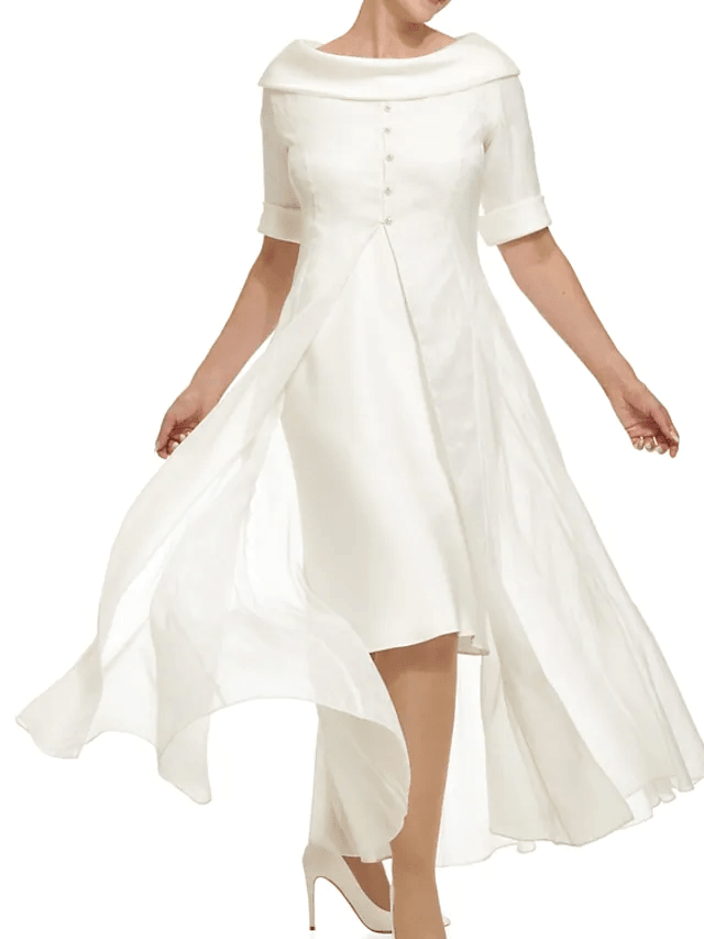 Sheath / Column Mother of the Bride Dress Elegant Cowl Neck Knee Length Chiffon Satin Half Sleeve with Buttons - RongMoon