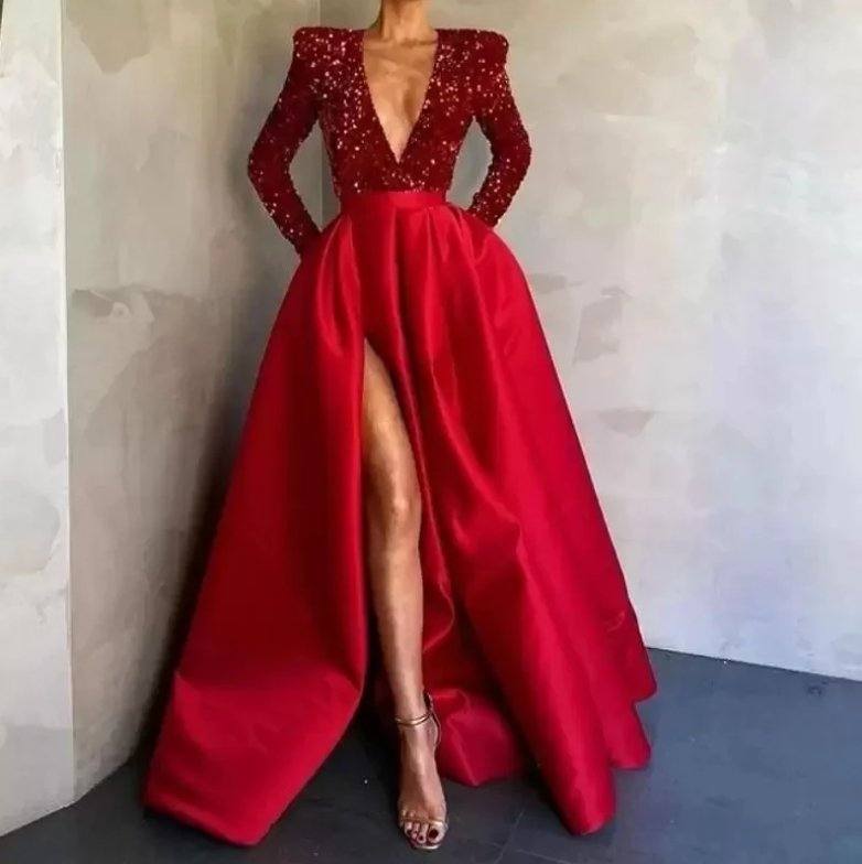 Red Evening Dresses A-line V-neck Long Sleeves Sequins Slit Long Turkey Dubai Saudi Arabic Evening Gown Prom Dresses - RongMoon