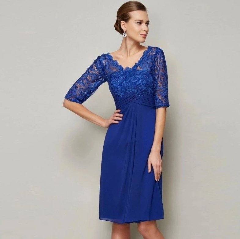 Royal Blue Mother Of The Bride Dresses Sheath V-neck Half Sleeves Chiffon Lace Short Groom Mother Dresses For Wedding - RongMoon
