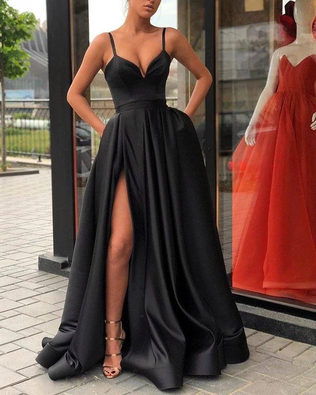 Sexy Split Prom Dress Long Satin V-neck Evening Gown With Straps - RongMoon