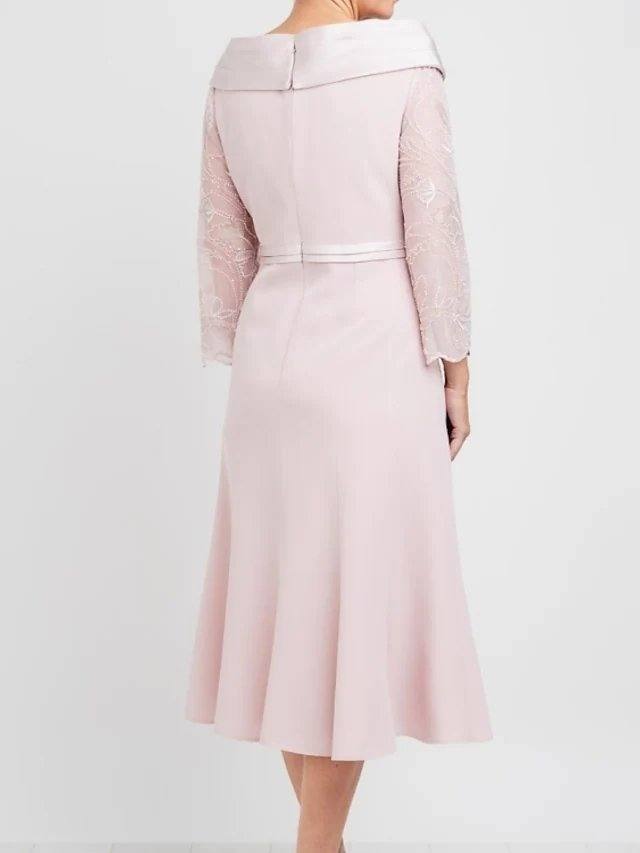A-Line Mother of the Bride Dress Elegant Jewel Neck Tea Length Lace Satin Long Sleeve with Pleats Beading - RongMoon