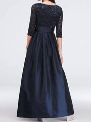 A-Line Mother of the Bride Dress Elegant V Neck Floor Length Lace Satin 3/4 Length Sleeve with Sash / Ribbon Pleats - RongMoon