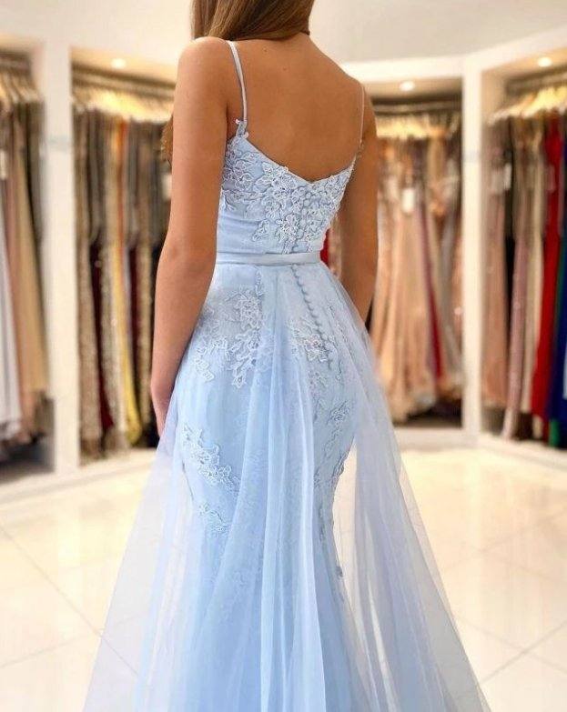 Sky Blue Evening Dresses Mermaid Spaghetti Straps Tulle Applique Long Turkey Dubai Saudi Arabic Evening Gown Prom Dresses - RongMoon