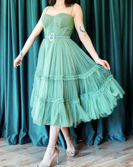 Tea Length Tulle Corset Ruffles Dress Cottagecore
