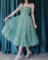 Tea Length Tulle Corset Ruffles Dress Cottagecore
