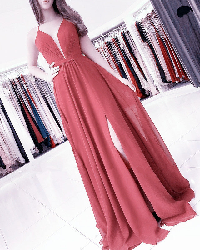 Sexy Plunge Neck Side Split Chiffon Bridesmaid Dresses