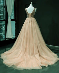 Luxurious Pearl Beaded V Neck Tulle Prom Dresses Long - RongMoon