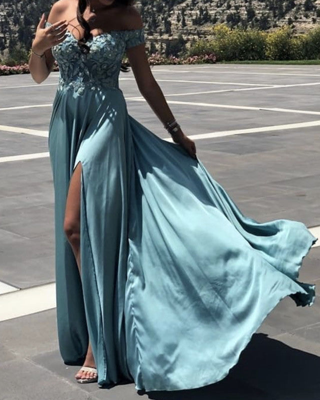 Elegant Turquoise Blue Prom Dresses Satin Split Lace Off Shoulder ...