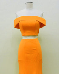Two Piece Orange Prom Dresses Mermaid Off Shoulder