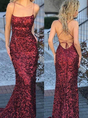Trumpet/Mermaid Sleeveless Spaghetti Straps Sweep/Brush Train Sequins Dresses - RongMoon