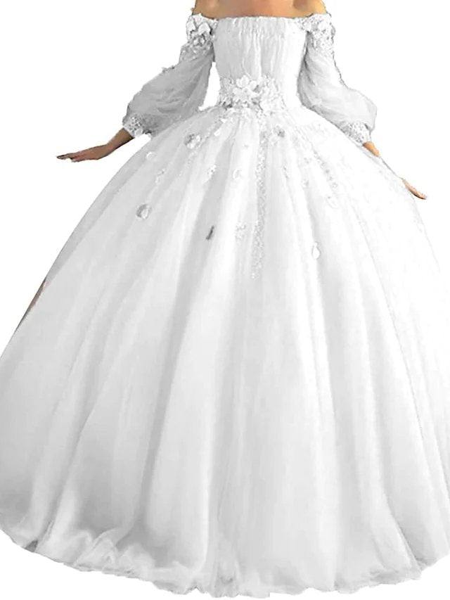 Ball Gown Elegant Floral Quinceanera Prom Dress Off Shoulder Long Sleeve Floor Length Tulle with Pleats Appliques - RongMoon