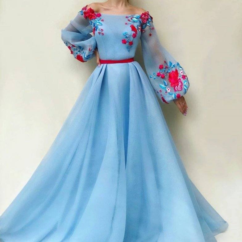Sky Blue Muslim Evening Dresses A-line Long Sleeves Tulle Embroidery Dubai Saudi Arabic Long Formal Evening Gown Prom - RongMoon