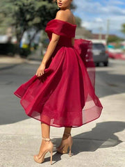 A-Line Empire Minimalist Party Wear Prom Dress Off Shoulder Sleeveless Tea Length Tulle with Pleats - RongMoon